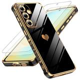 LeYi for Galaxy S24-FE Case: Tempered Glass Screen Protector 2 Pcs,Full Camera Lens Protection, Love Heart Plating Luxury Shockproof Phone Case Funda para
