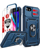 LeYi iPhone SE 3rd/ 2nd Generation Case: 7/8/ SE 2022 2020 Phone Cover with Slide Camera Cover+ 2pcs Tempered Glass Screen Protector, Full Body Case with Kickstand for SE