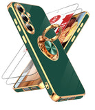 LeYi for Samsung Galaxy S25-FE Case: 2 Pack Screen Protector and 360¡ã Rotatable Ring Holder Magnetic Kickstand, Plating Rose Gold Edge Cell Basic Funda para S25FE