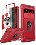 LeYi for Google Pixel 6 Case: Slide Camera Cover + [2 Packs] Tempered Glass Screen Protector, Full Body Military-Grade Heavy Duty Shockproof Ring Holder Stand Case