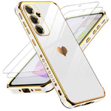 LeYi for Galaxy A35-5G Phone Case: Tempered Glass Screen Protector [2 Pcs]+ Full Camera Lens Protection, Love Heart Plating Girly Women Luxury Soft TPU Shockproof Case