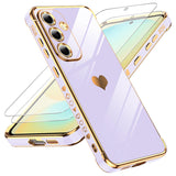 LeYi for Galaxy S24-FE Case: Tempered Glass Screen Protector 2 Pcs,Full Camera Lens Protection, Love Heart Plating Luxury Shockproof Phone Case Funda para
