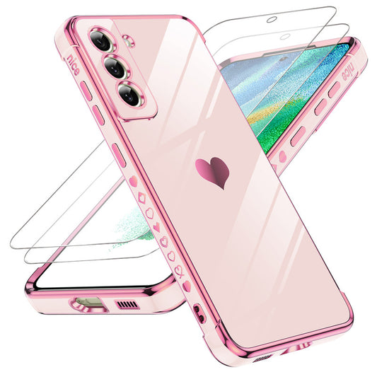 LeYi for Galaxy S21-FE 5G Case: S21 FE 5G Phone Case Screen Protector [2 Pcs]+ Full Camera Lens Protection,Love Heart Plating Girly Women Luxury Soft TPU Shockproof