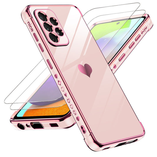 LeYi for Samsung A52 Phone case: with Tempered Glass Screen Protector [2 Pcs] + Full Camera Protection, Love Heart Plating Girly Women Soft TPU Case