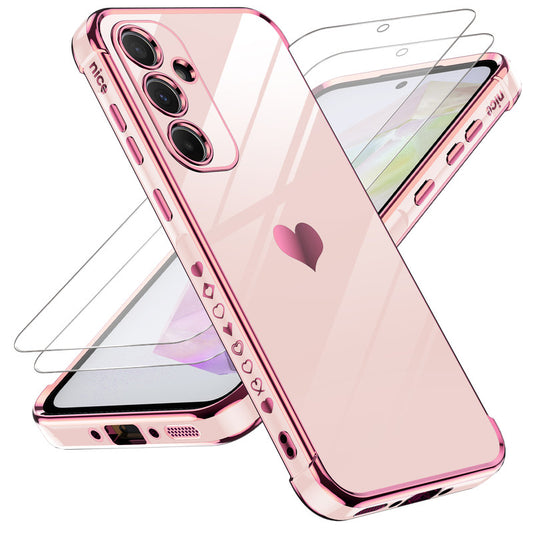 LeYi for Galaxy A35-5G Phone Case: Tempered Glass Screen Protector [2 Pcs]+ Full Camera Lens Protection, Love Heart Plating Girly Women Luxury Soft TPU Shockproof Case