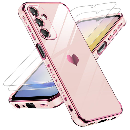 LeYi for Samsung Galaxy A25 5G Phone Case: with Tempered Glass Screen Protector [2 Pcs]+ Full Camera Lens Protection, Love Heart Plating Women Luxury Soft TPU Shockproof Case