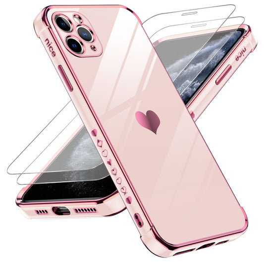 LeYi for iPhone-11-Pro Max Case: with Tempered Glass Screen Protector [2 Pcs]+ Full Camera Lens Protection,Love Heart Plating Girly Women Luxury Soft TPU Shockproof Case