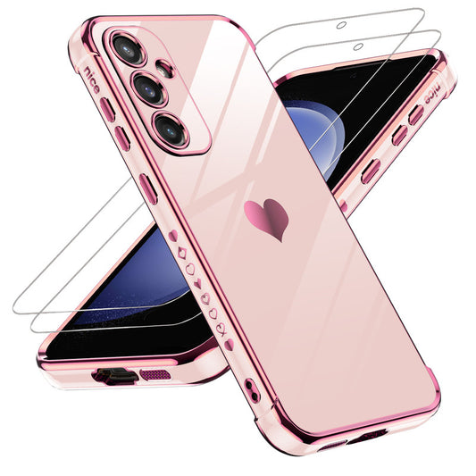 LeYi for Samsung Galaxy S23-FE Case: Tempered Glass Screen Protector [2 Pcs]+ Full Camera Lens Protection, Love Heart Plating Women Cute Luxury Soft TPU Shockproof