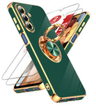 LeYi for Galaxy A17-5G Phone Case: 2 Pack Tempered Glass Screen Protector and 360¡ã Rotatable Ring Holder Magnetic Kickstand, Plating Rose Gold Edge para Samsung A 17 5G