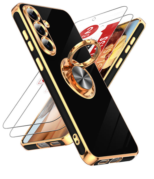 LeYi for Samsung Galaxy S25-FE Case: 2 Pack Screen Protector and 360¡ã Rotatable Ring Holder Magnetic Kickstand, Plating Rose Gold Edge Cell Basic Funda para S25FE