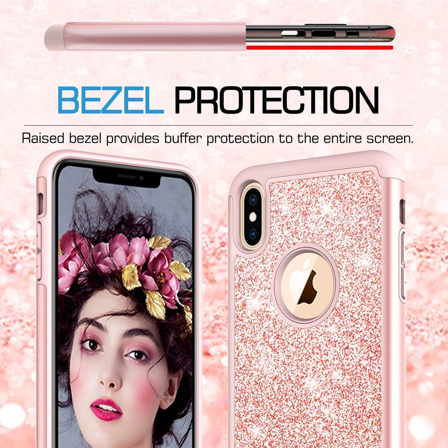 iPhone Xs Max Case with Tempered Glass Screen Protector [2 Pack],LeYi Cute Girly Glitter Bling Silicone Protective Phone Cover Case TP Pink/Rose Gold